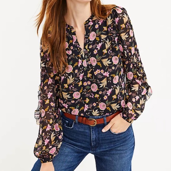 LOFT Tops - Ann Taylor LOFT Floral Ruffle Sleeve Blouse, Size Medium